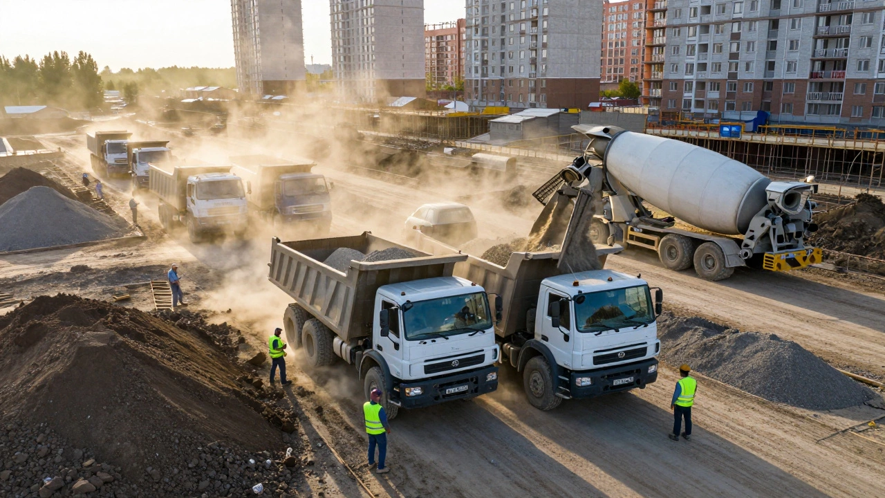 Флот самосвалов разгружает щебень на стройке жилого комплекса в Набережных Челнах.