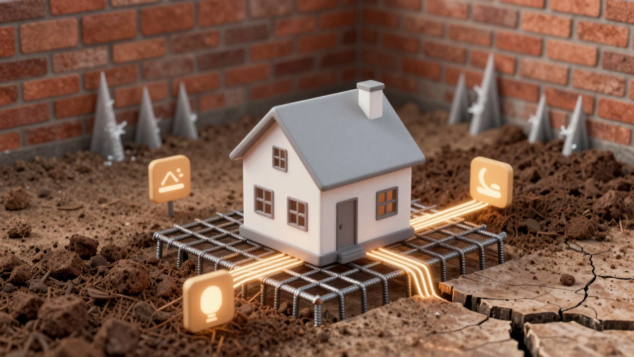 Концептуальное изображение лёгкого дома на правильно армированном фундаменте с визуализацией распределения нагрузок.