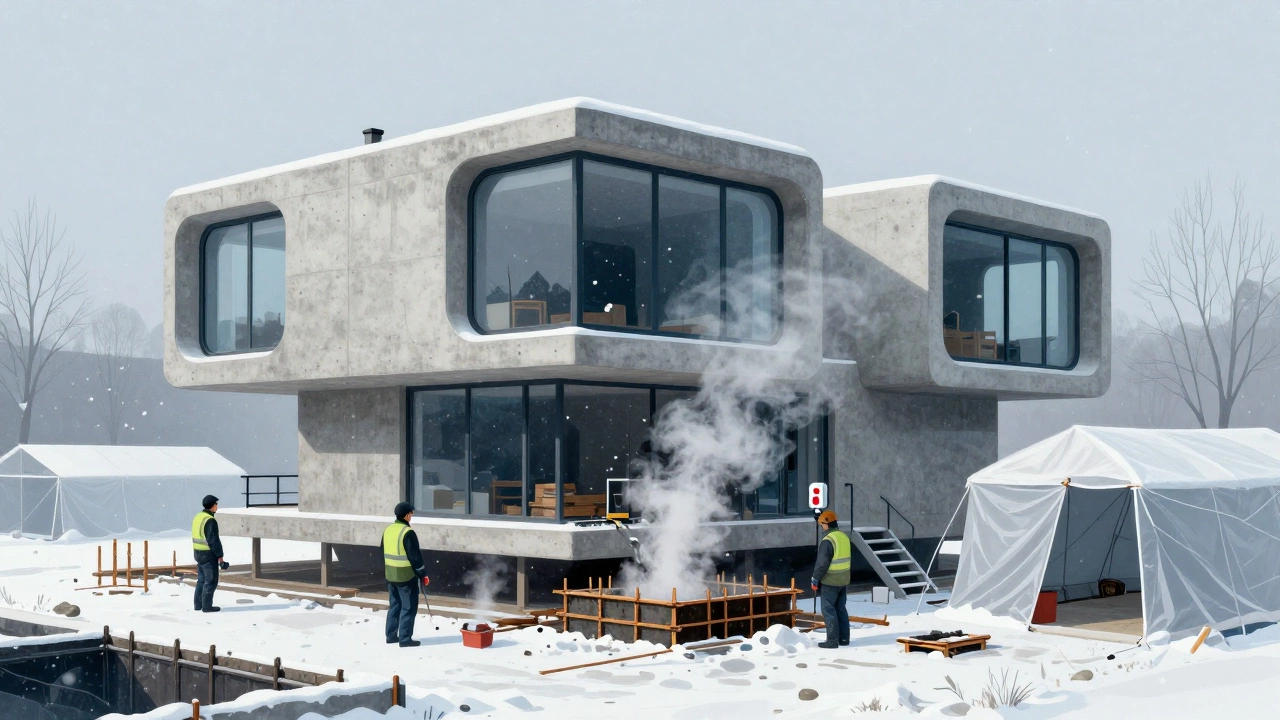 Монолитный дом из бетона строится зимой с подогревом опалубки, снег и пар над формой.