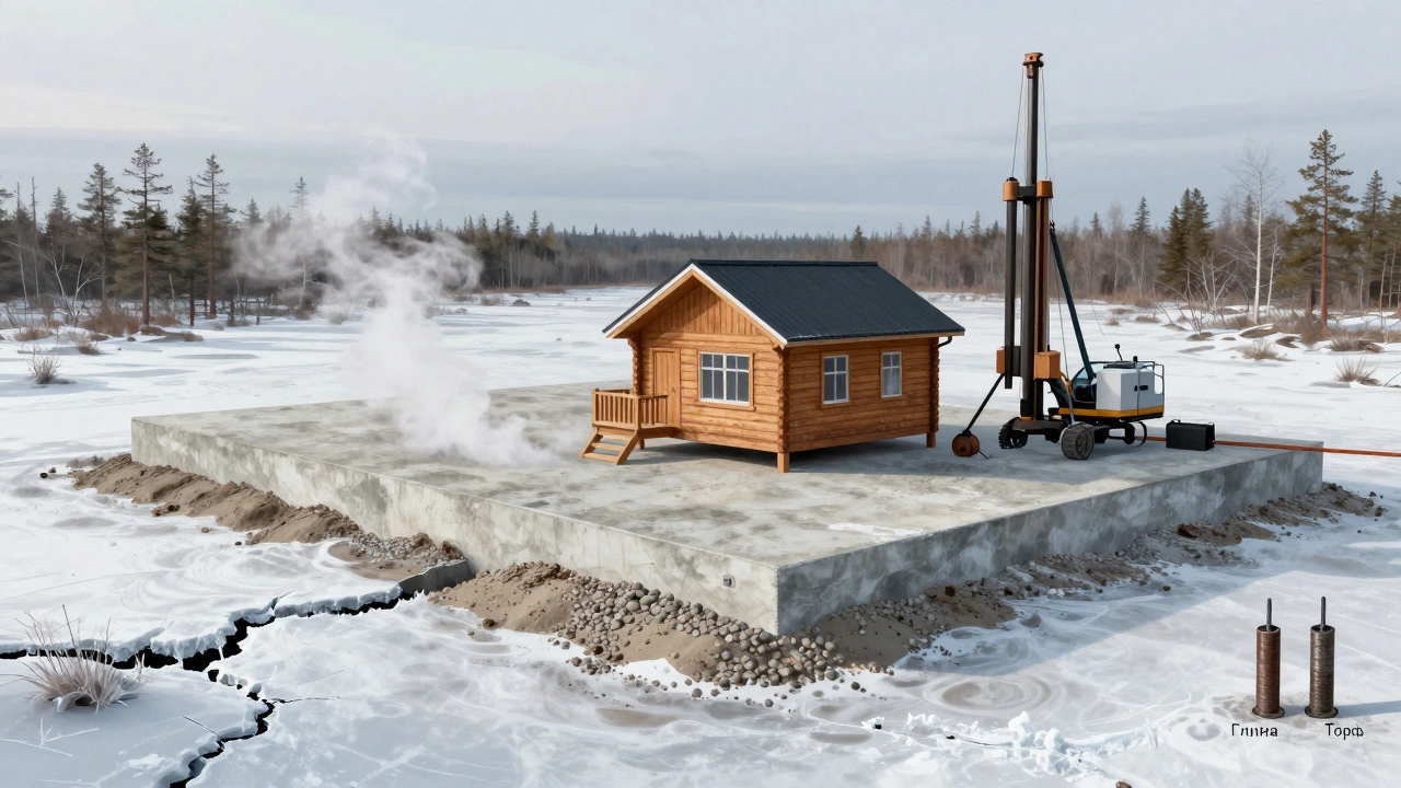 Плитный фундамент на болотистой почве с паром и трещинами от морозного пучения.