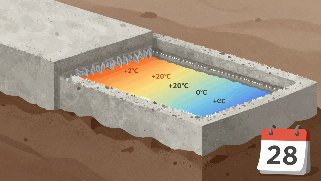 Разрез бетонного фундамента с кристаллической структурой внутри, тепловые градиенты и календарь 28 дней.