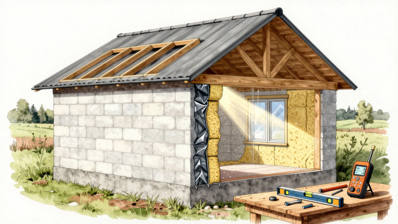 Разрез дома, показывающий слои фундамента, стен, утепления и кровли с инструментами на столе.