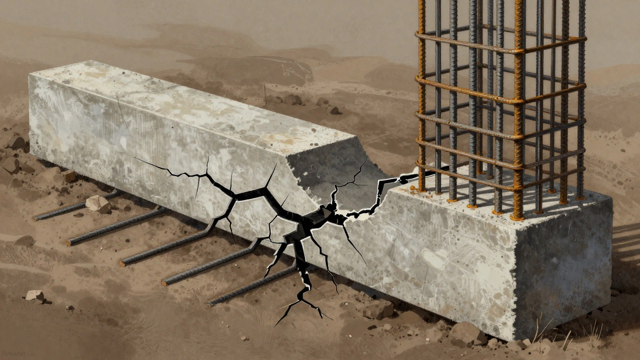 Разрез фундамента: слева — треснувший бетон с недостаточным армированием, справа — целый бетон с правильной сеткой из 10 мм арматуры.