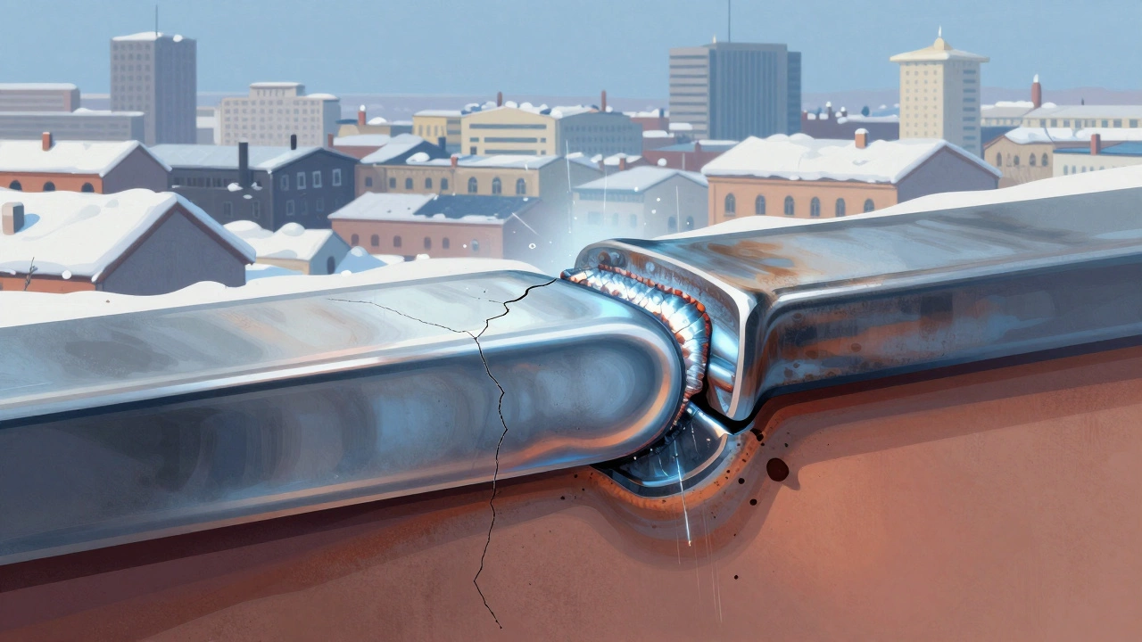 Разрез сварного шва: идеальная внутренняя структура рядом с дефектным швом с трещинами и шлаком.