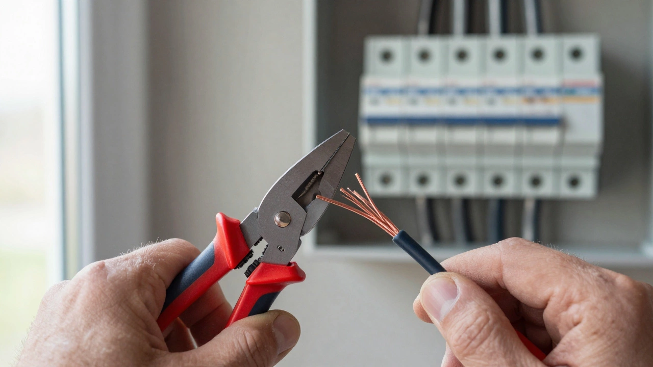 Руки электрика зачищают провод специальным стриппером, обнажая целую медную жилу.