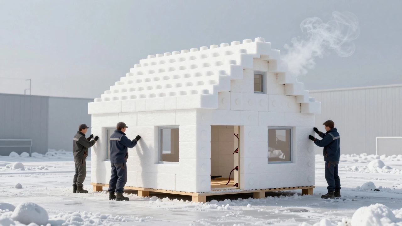 Сборка дома из СИП-панелей как конструктор в зимних условиях, панели с встроенными окнами.