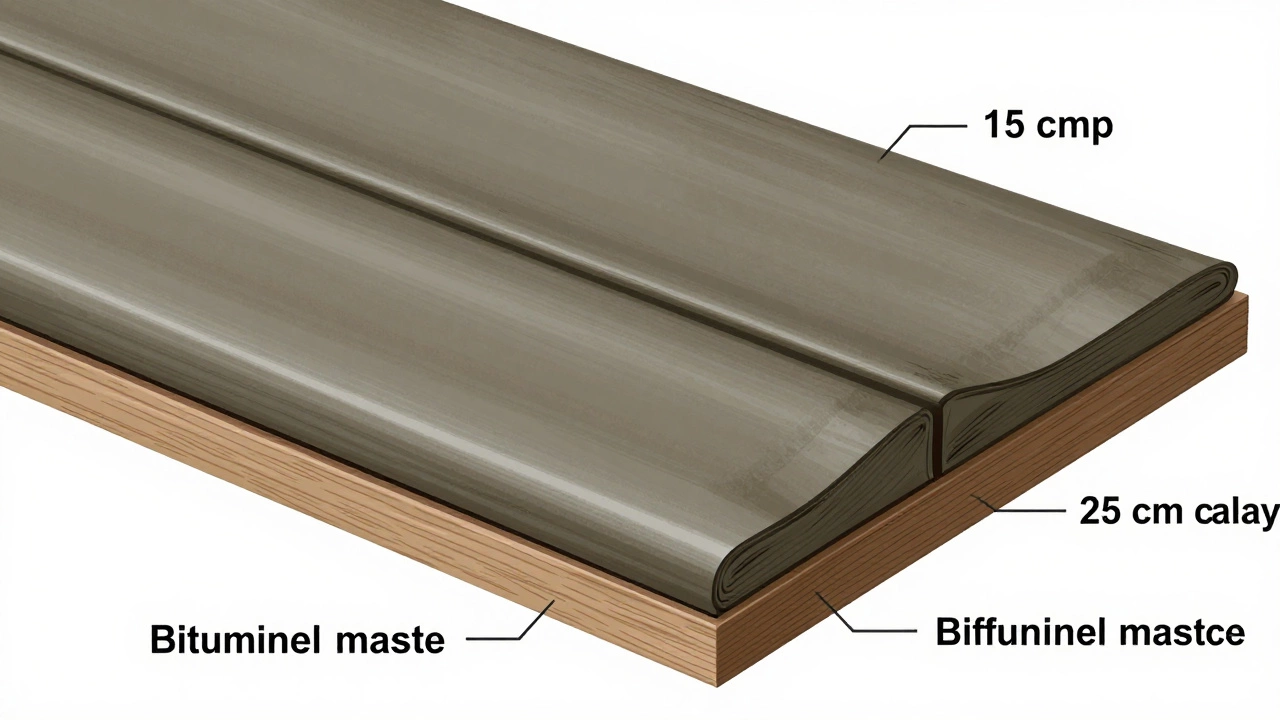 Схема перекрытия трех слоев рубероида на крыше: горизонтальные и вертикальные нахлесты, усиление в ендове, промазка мастикой.