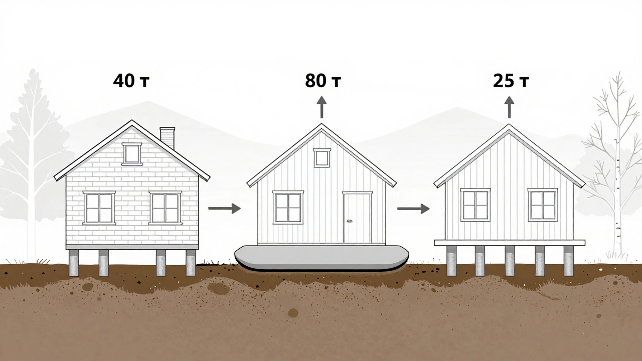 Схематичное сравнение трёх типов фундаментов под разными типами домов на разном грунте.
