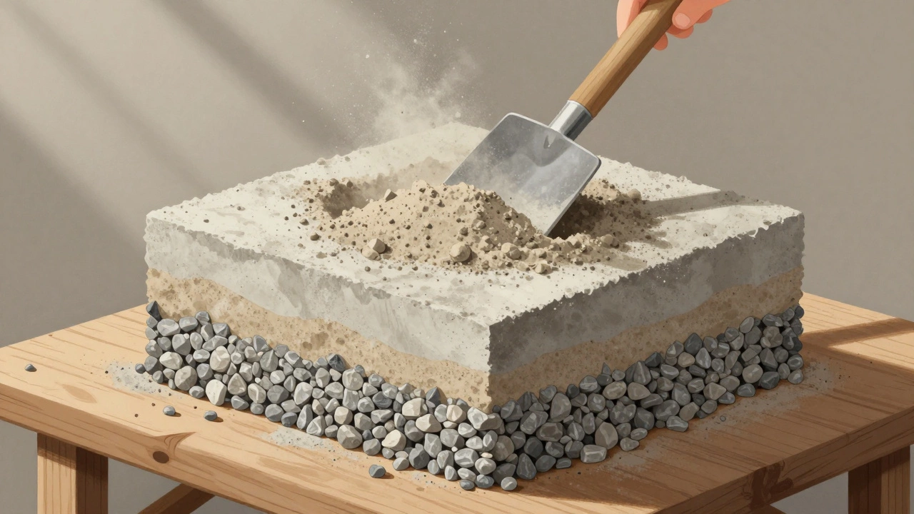 Слой щебня, песка и цемента перед замесом, всё сухое, перемешивается лопатой.