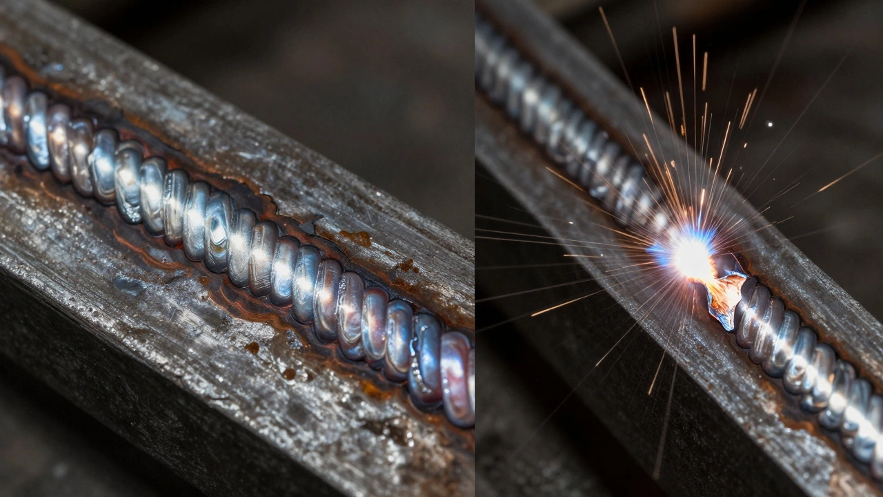 Сравнение: целый сварной шов и зачищенный с трещинами.