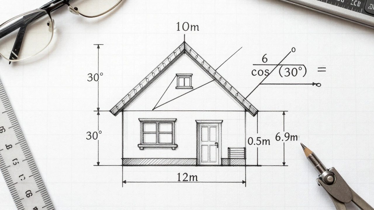 Технический чертёж дома с обозначенными размерами и формулой расчёта уклона крыши.