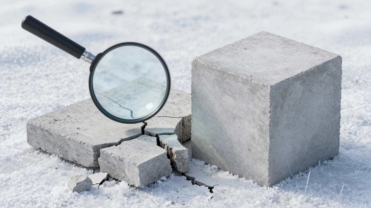 Трещиноватый бетон рядом с идеальным кубом, показывающий последствия ошибок в пропорциях.