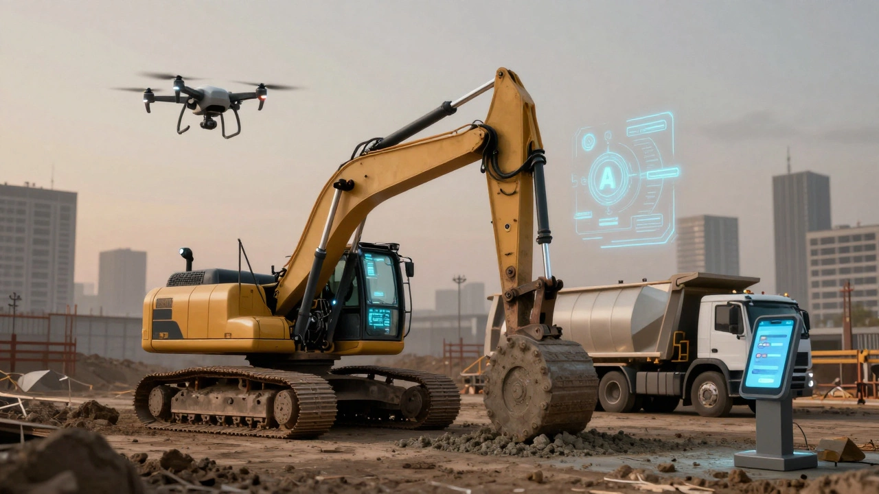 Умная строительная площадка 2026 года с автономной техникой и цифровыми интерфейсами.
