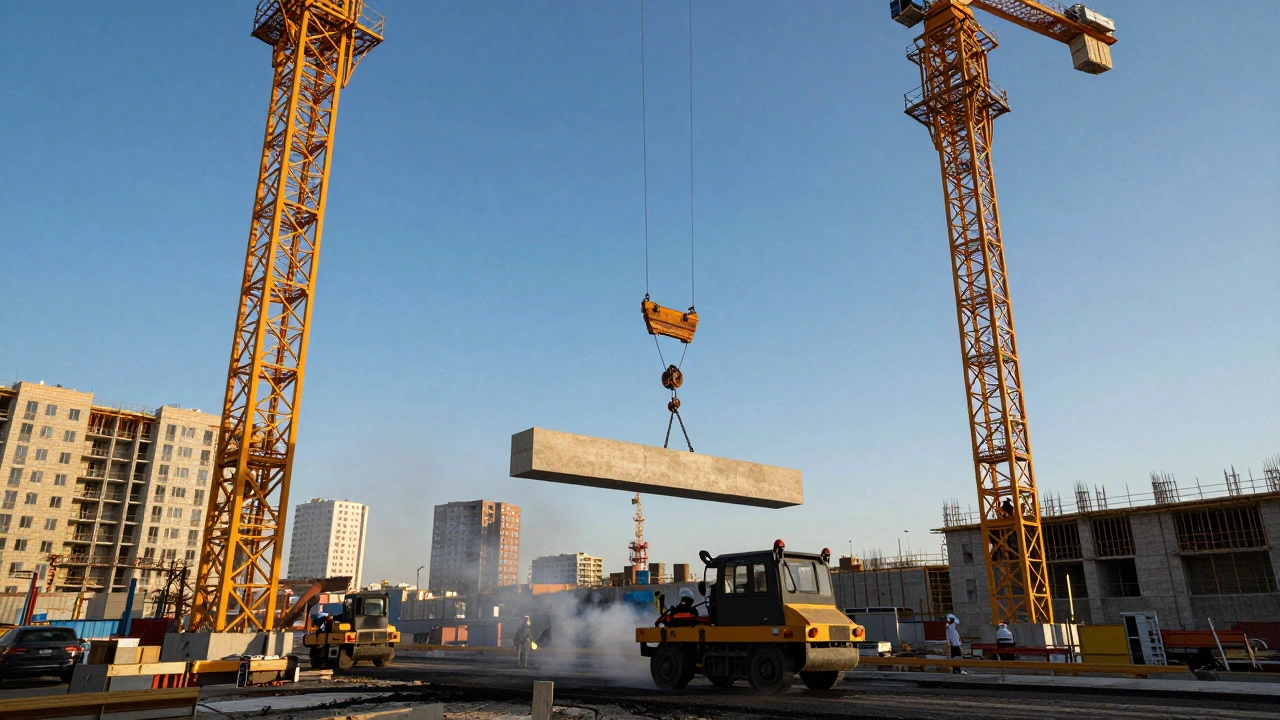 Башенный кран поднимает бетонную балку над стройкой в Москве.