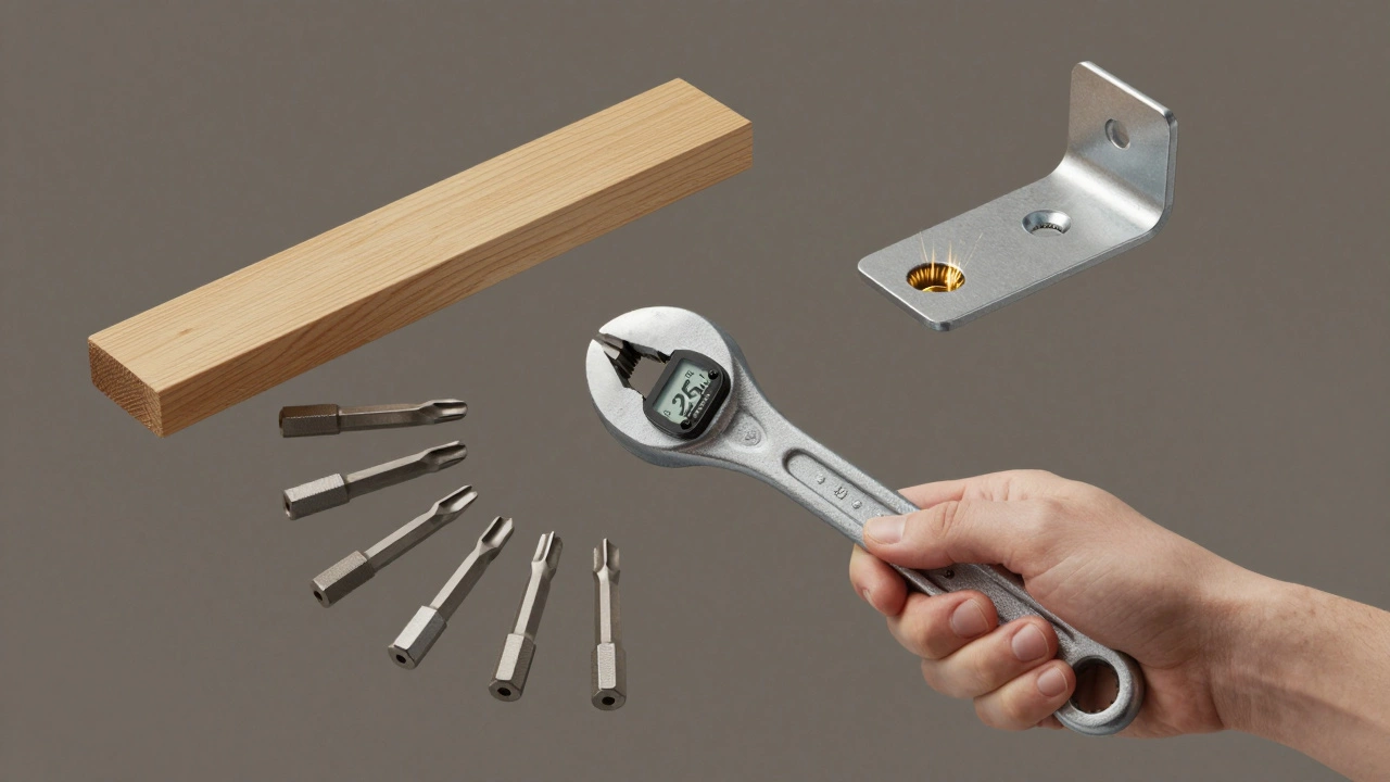Динамометрический ключ с цифровым дисплеем и набор бит для крепежа на фоне деревянной и металлической детали.