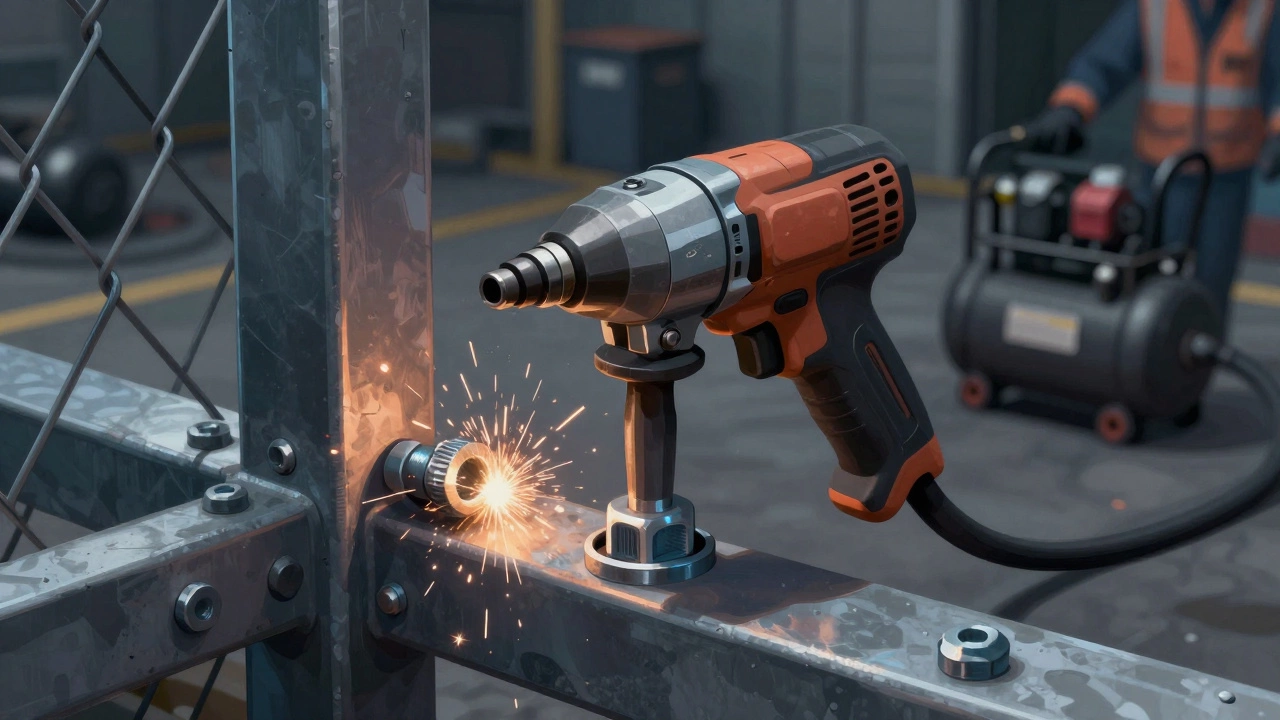 Гайковерт затягивает болт на металлической заборной стойке, искры летят от соединения.