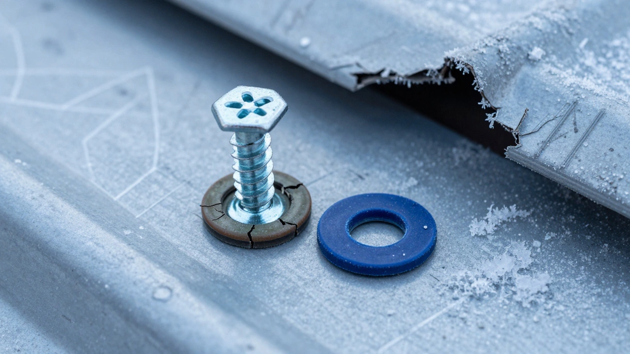 Крупный план старого и нового самореза с уплотнителем на фоне инея — сравнение износа и качества крепления.