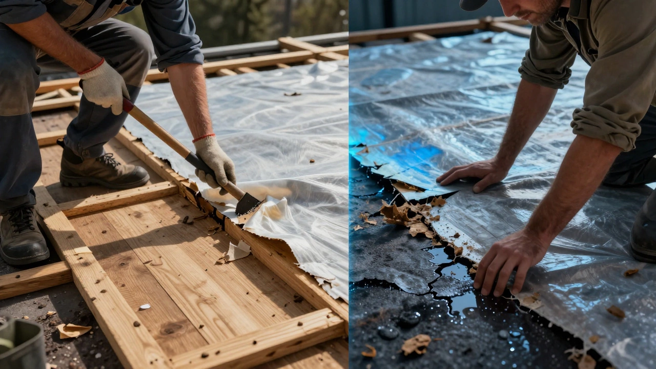 Мастер снимает старую подкладку с крыши, в то время как другой человек ошибочно кладёт новую поверх повреждённой.