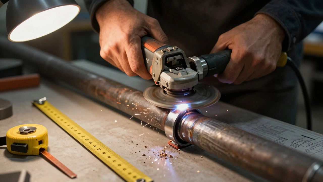 Рабочие руки зачищают слишком толстый сварной шов болгаркой с измерительными инструментами рядом.