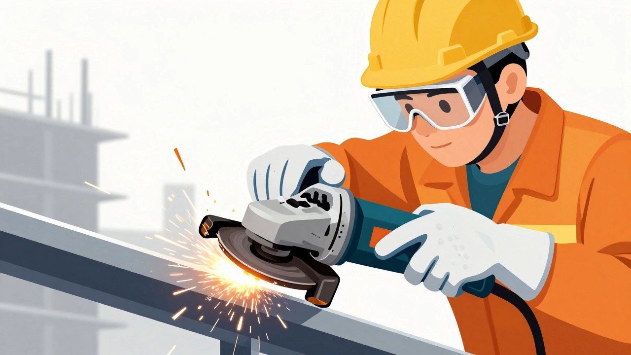 Рабочий с защитными очками и каской использует болгарку на металле