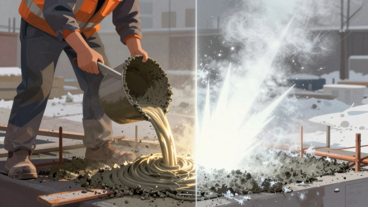 Разделённый кадр: М400 течёт спокойно, М500 быстро твердеет с выделением тепла под зимним небом.