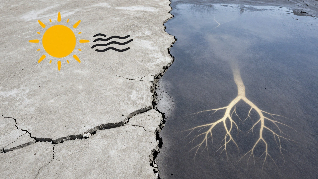 Раздвоенное изображение: треснувший бетон слева и идеально вылеченный — справа, с символами сушки и увлажнения.