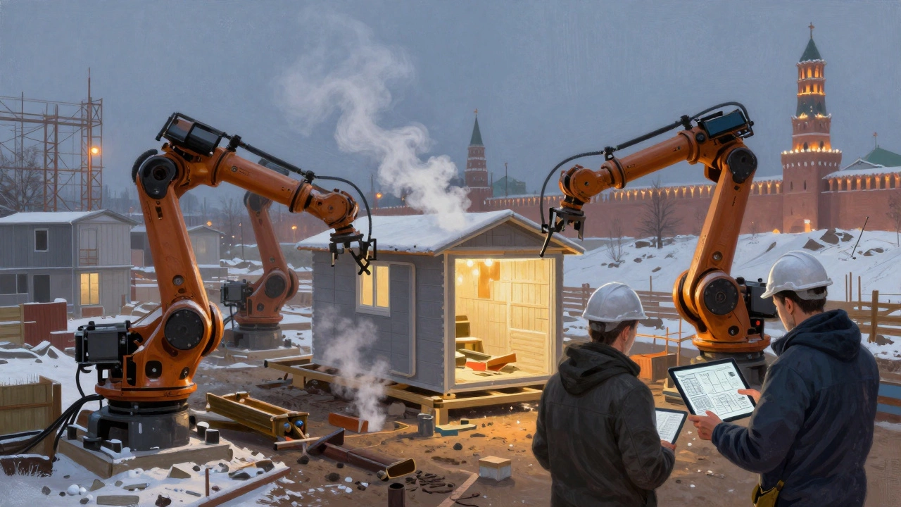 Сборка модульных домов на стройке в Татарстане с использованием роботизированных систем и цифровых чертежей.