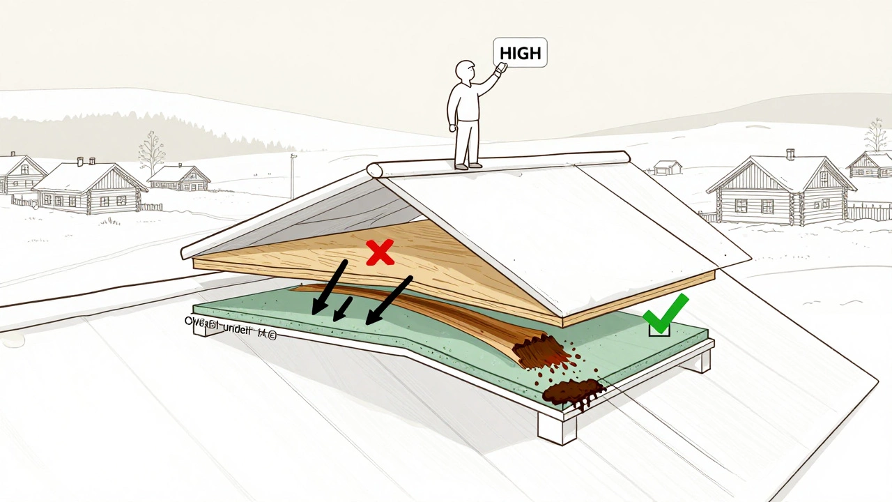 Схема кровельного пирога с показом скопления влаги между слоями подкладки и гниением древесины.