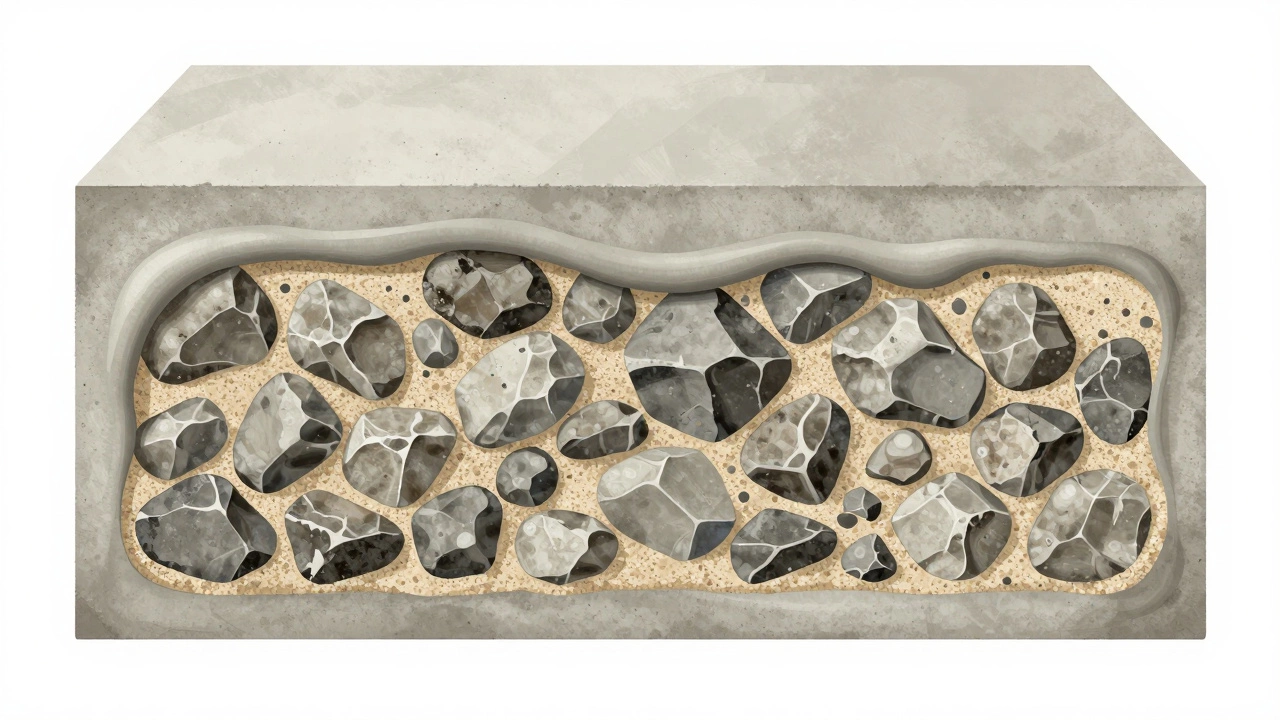 Схема внутренней структуры бетона: цементный раствор покрывает щебень и песок.