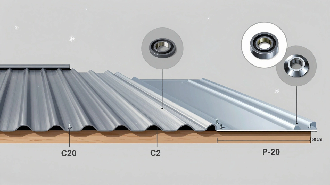 Схематичный разрез трёх типов металлической кровли с указанием правильных точек крепления и уплотнителей.