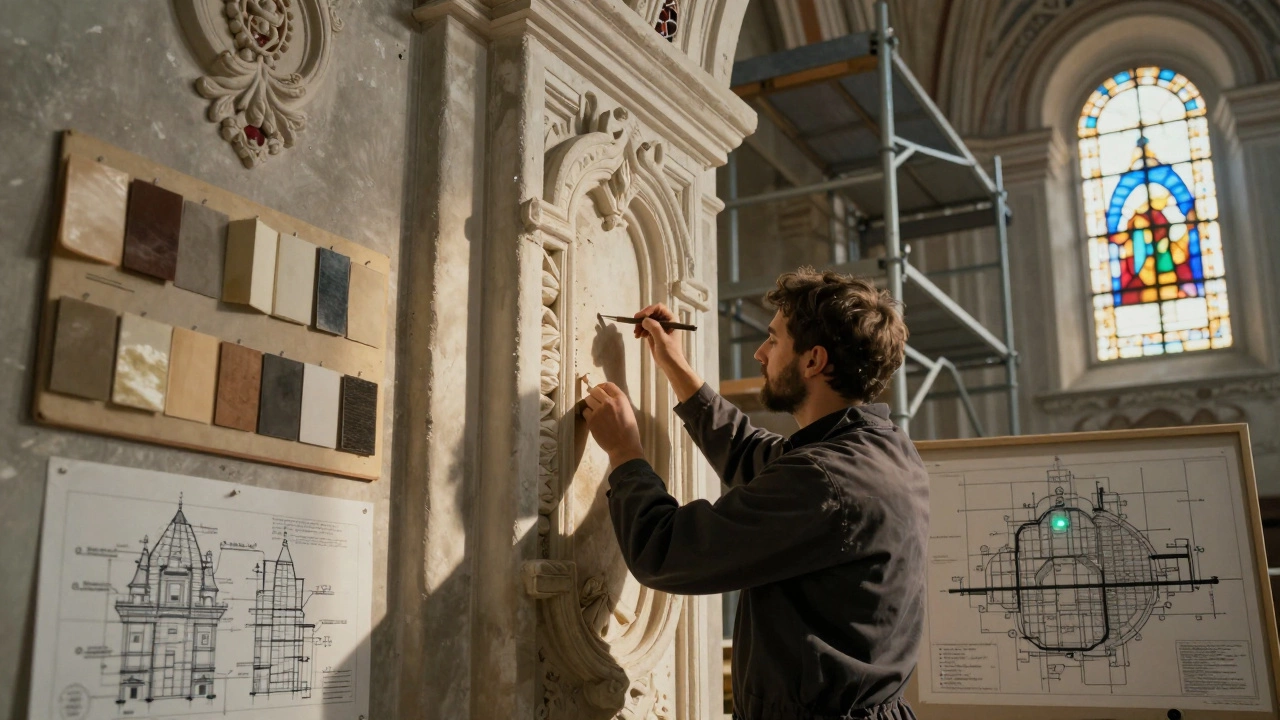 Специалист по реставрации восстанавливает декоративную штукатурку в исторической церкви с использованием традиционных методов.