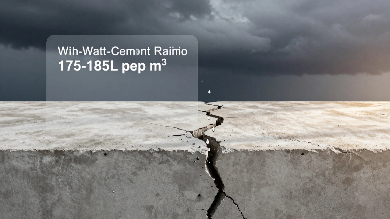 Трещина в бетоне из-за лишней воды рядом с идеально затвердевшим фундаментом.