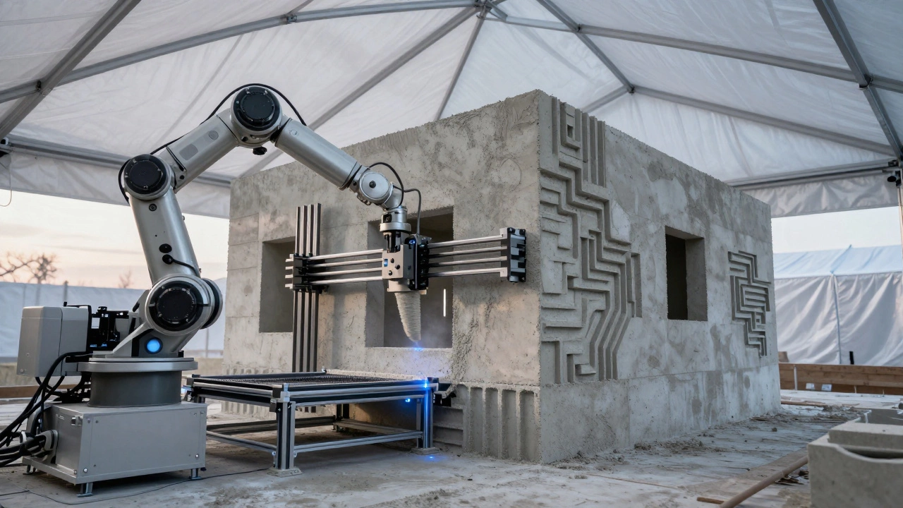 3D-принтер печатает стены дома в Казани, роботизированный механизм формирует слои бетона.