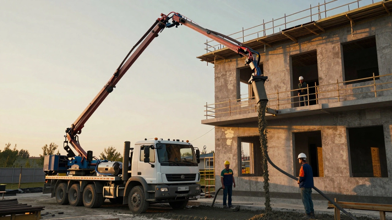Бетонный насос подаёт бетон на третий этаж дома в Татарстане, рабочие направляют шланг.