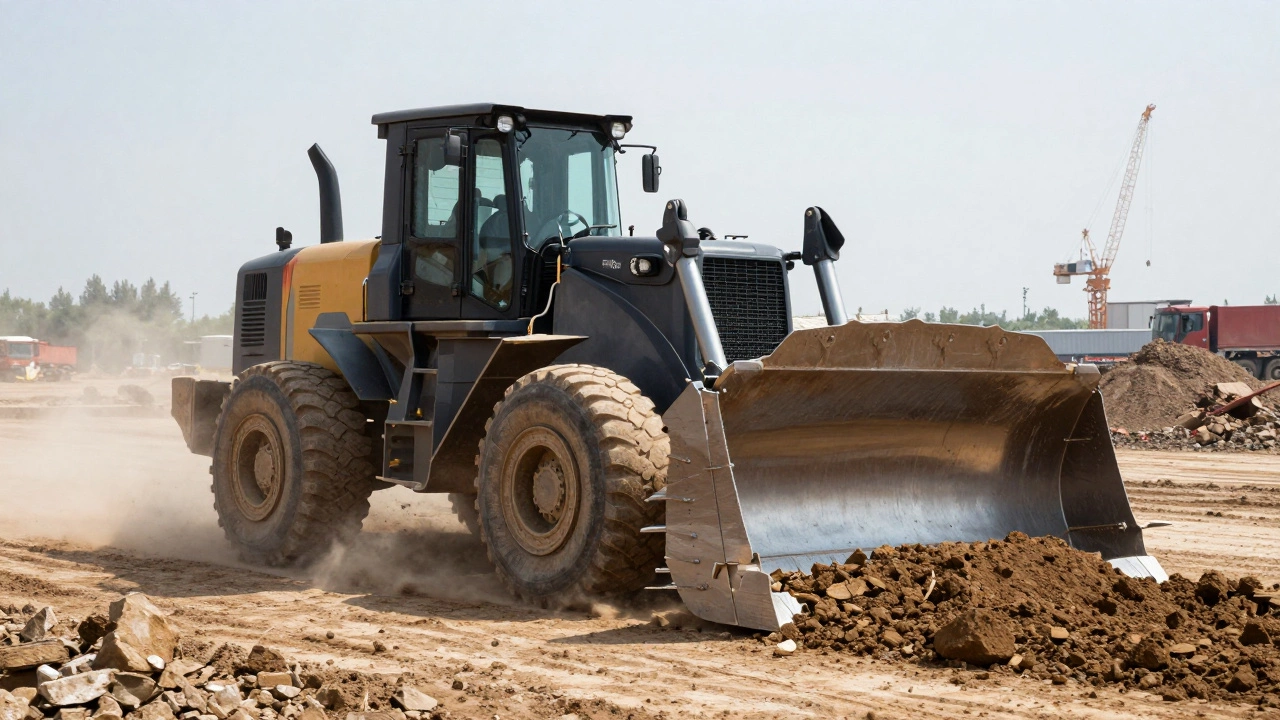 Бульдозер сдвигает огромную массу земли на стройплощадке.