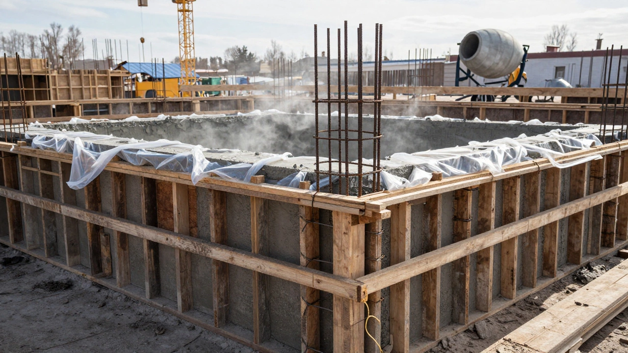 Фундамент с арматурой и опалубкой, залитый бетон, накрытый плёнкой в холодную погоду.