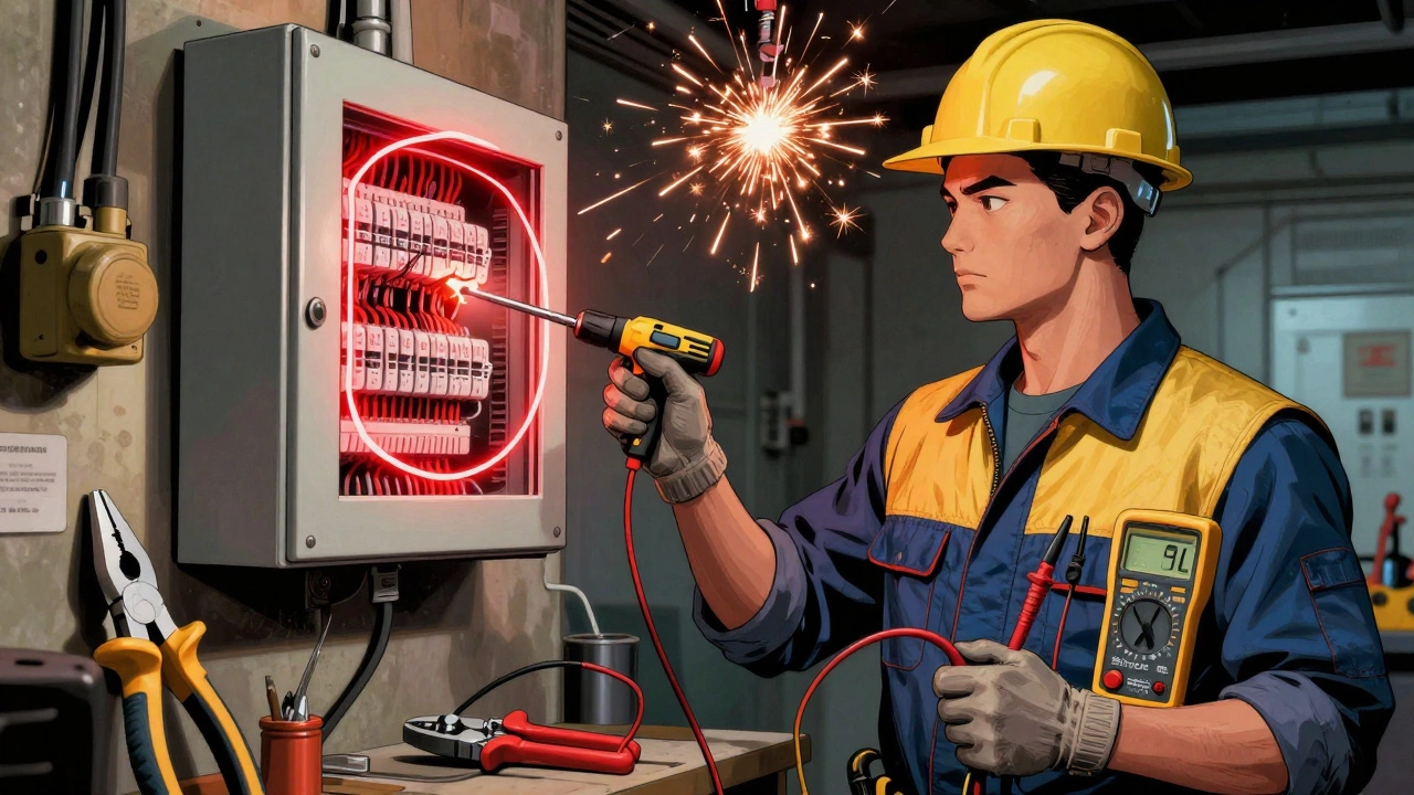 Комикс-сцена: профессиональный электрик с безопасным инструментом против необдуманного действия с неизолированным инструментом.