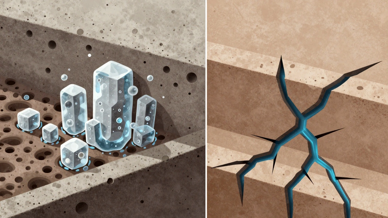 Микроскопическое изображение процесса гидратации бетона: кристаллы формируются в цементной матрице под действием воды.
