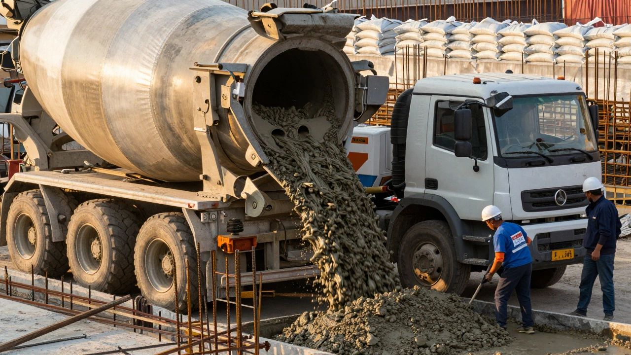 Мобильная бетономешалка разгружает бетон в опалубку.
