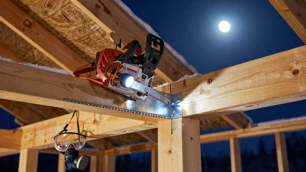 Ночью на крыше строитель закрепляет профлист с шуруповертом, рядом — бензопила и фонарик, снег падает на деревянный каркас.