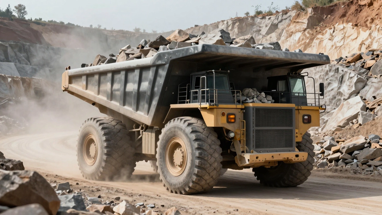 Огромный карьерный самосвал на фоне скал и грунта