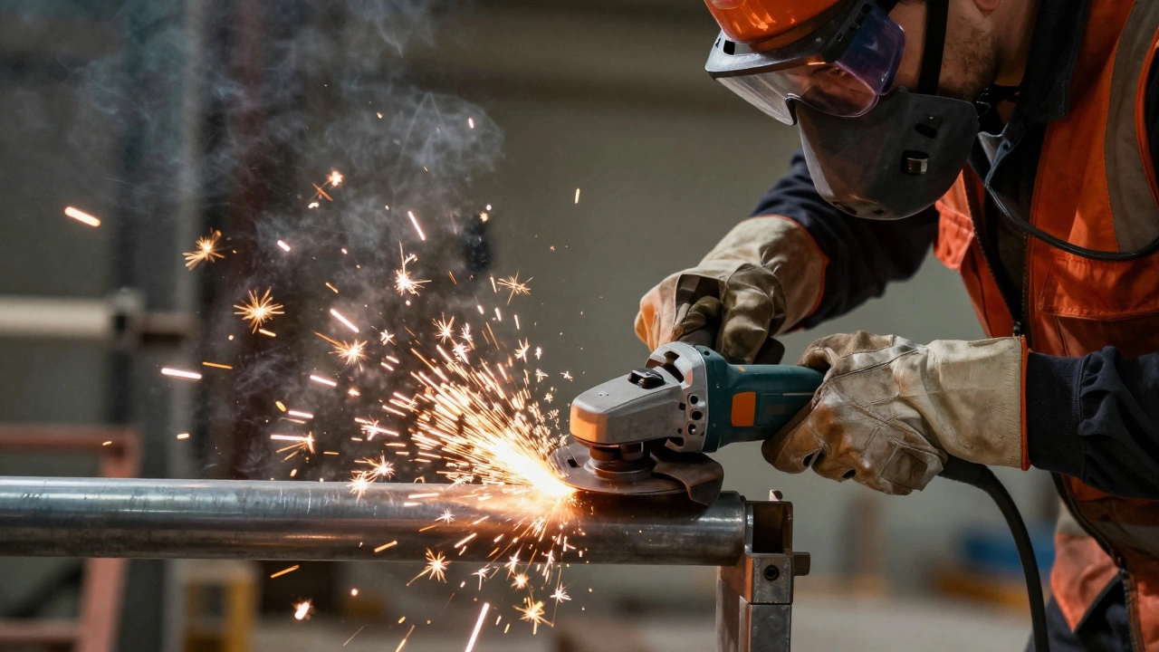 Рабочий в защитных очках использует болгарку на стройке
