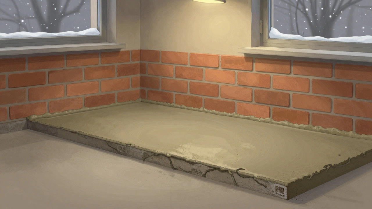 Разрез конструкции с использованием цемента М400: фундамент, стена и стяжка пола в единой системе.