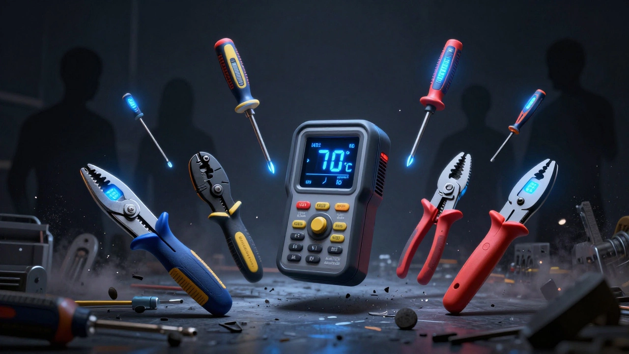 Символический набор сертифицированных электромонтажных инструментов с защитными маркировками, окруженных светом безопасности.