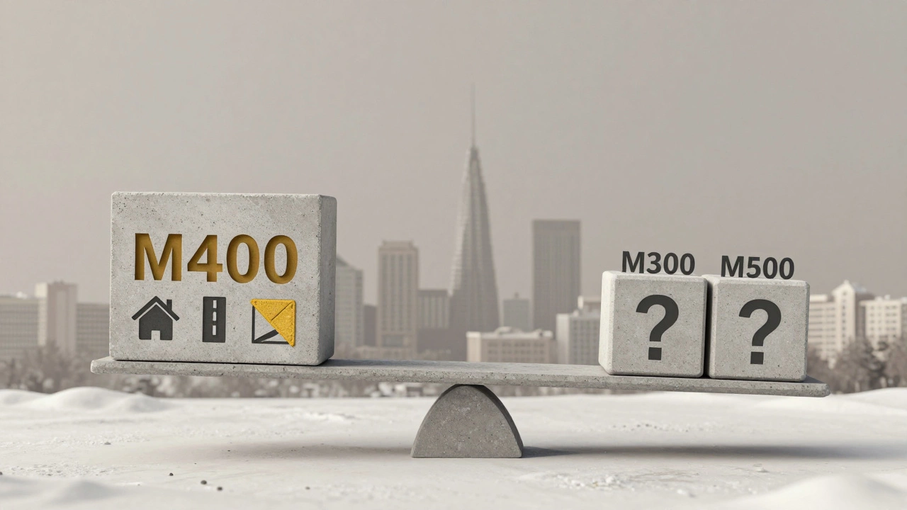 Сравнение цементов М300, М400 и М500 на весах, символизирующее оптимальный выбор для частного строительства.