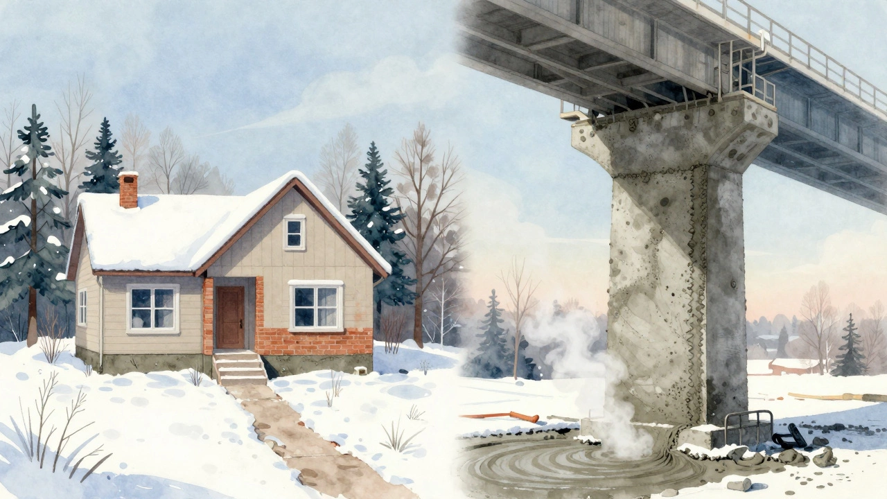 Сравнение использования М400 в частном доме и М500 на мосту зимой, снежный пейзаж, пар от бетона.