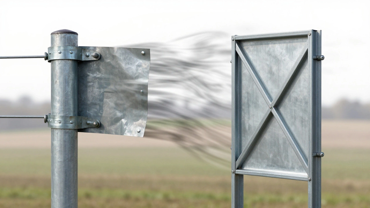 Сравнение круглой и квадратной трубы для забора: одна прогибается под ветром, другая остаётся прочной.