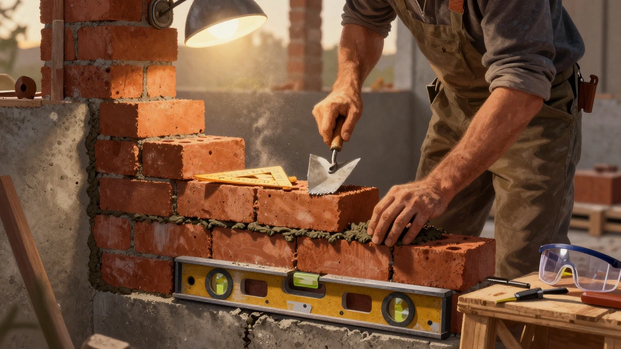 Строитель кладет кирпич с мастерком и угольником, рядом лежит резак для газобетона и защитные очки.