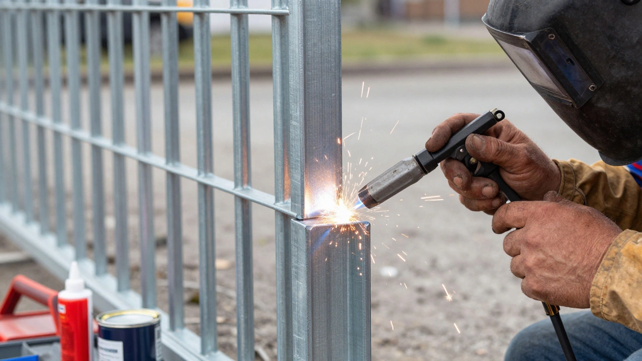 Сварка углов квадратной трубы для забора с искрами и средствами защиты от коррозии на заднем плане.
