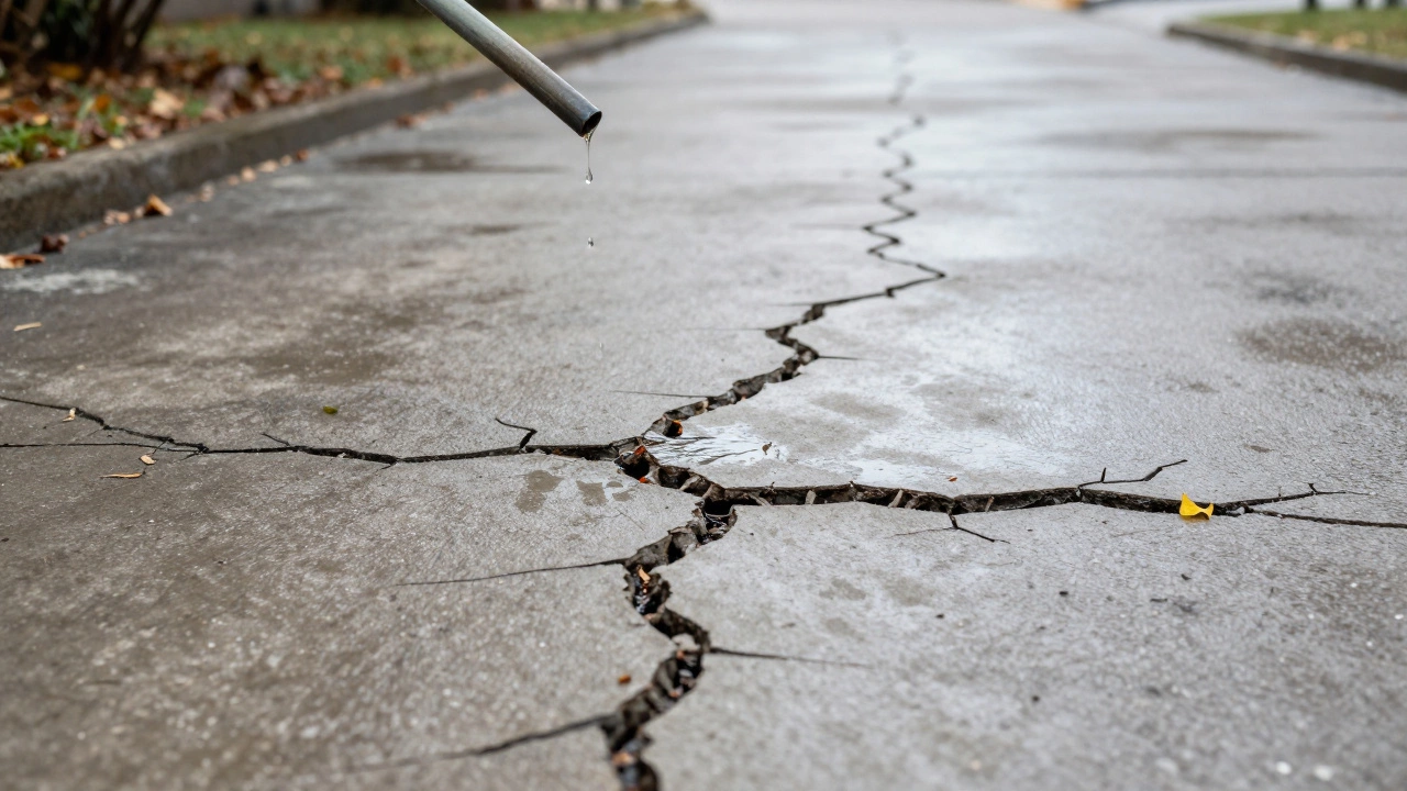 Трещины на бетонной дорожке с каплей воды сверху, контраст с идеально вы养护ленным участком вдалеке.